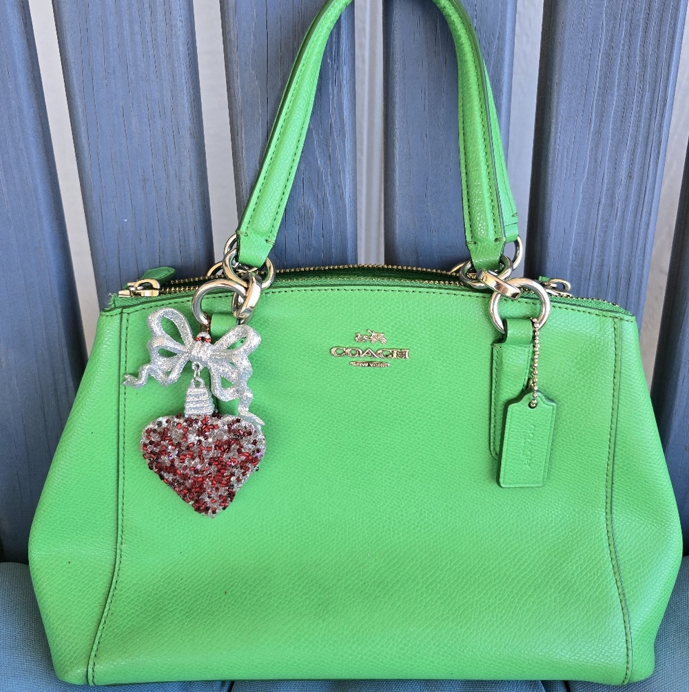 Coach Vibrant Emerald Green Satchel Christmas Rhinestone Heart. 11"x 7.25"x 4" - Picture 14 of 16